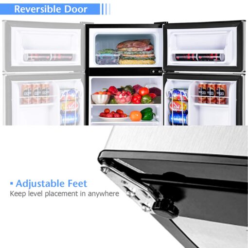 COSTWAY Compact Refrigerator, 3.2 cu ft. Unit 2-Door Mini Freezer Cooler Fridge with Reversible Door, Removable Glass Shelves, Mechanical Control, Recessed Handle for Dorm, Office, Apartment (Grey) - Image 5