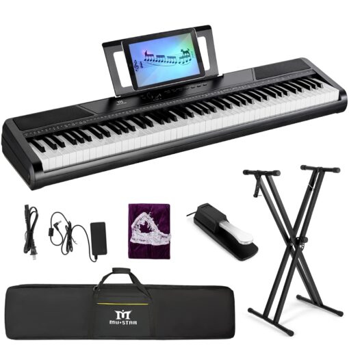 MUSTAR Digital Piano 88 Key Weighted with Stand, 88 Key Semi Weighted Keyboard Piano MEP-1100, Electric Piano Keyboard 88 Keys for Beginners, 2x25W Stereo Speakers, Case, Sustain Pedal, ABS, Black