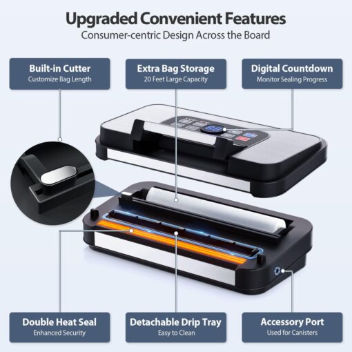 95Kpa Powerful Precision Pro Vacuum Sealer, with 10-in-1 Functions, Easy-Lock Handle, Double Heat Seal & Double Pump, Vacuum Sealer Machine for Food with Bags Storage, Built-in Cutter,Stainless Steel - Image 5