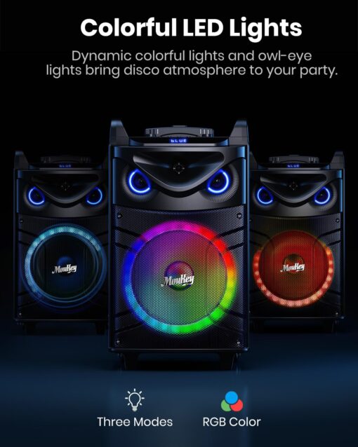 Moukey Karaoke Machine, Wood Pattern 10" Woofer Portable PA System, Bluetooth Speaker with 2 Wireless Microphones, Tablet Holder & Party Lights, Echo/Treble/Bass Adjustment Support REC/AUX/USB/TF - Image 5