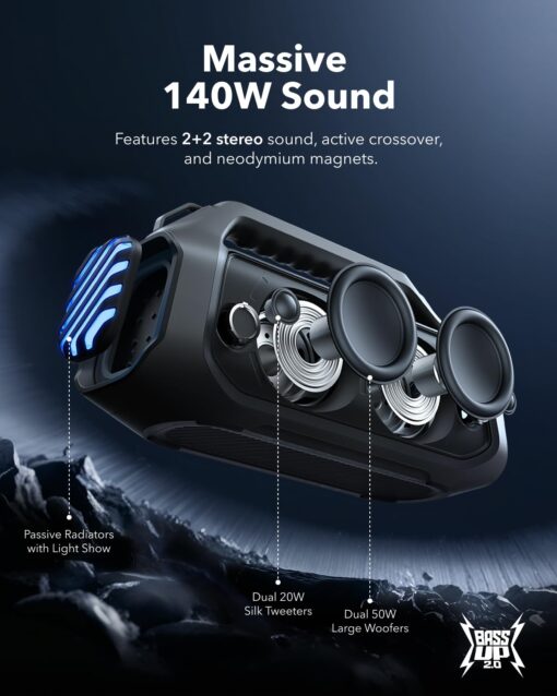 soundcore Boom 2 Plus By Anker, Outdoor Speaker, 140W, 2+2 Channel, BassUp 2.0, 20H Playtime, Fast Charge, IPX7 Waterproof, RGB Lights, Power Bank, Bluetooth 5.3, Portable for Outdoors, Camping, Beach - Image 6