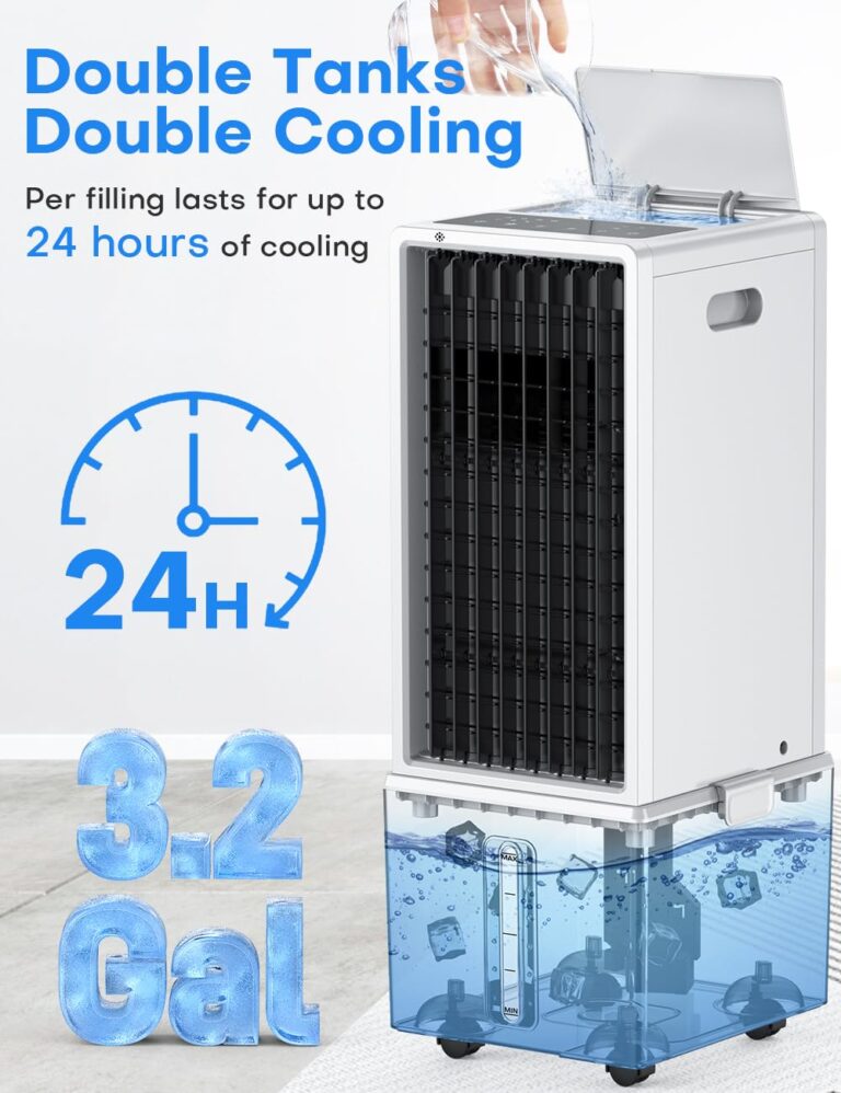 COOLECH 4-IN-1 Portable Air Conditioners w/3.2-Gal Tank for 24H Cooling, 4 Powerful Wind Speeds & 4 Modes, LED Touch Screen, Waterless Alert System & 12H Timer, Remote, Evaporative Air Cooler for Home - Image 4