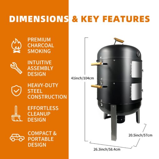 Realcook Vertical Charcoal Smoker Grills: Premium 20.5 Inch BBQ Meat Smokers - Barbecue Charcoal Grill Smoker Combo for Outdoor Cooking Patio Backyard Picnic Party Grilling - Image 6