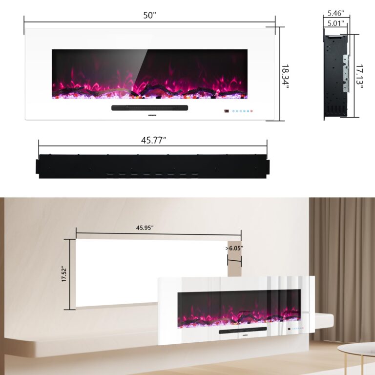 Dreamflame 50" Electric Fireplace Inserts, Recessed & Wall Mounted Fireplace Heater Colorful Flame &Fuel, Remote Control Setting Dimer, Thermostat &Timer, Plug in &Hard-Wire Option, 750W/1500W, White - Image 9