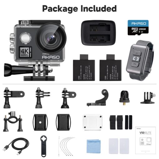 AKASO V50 Elite 4K60fps Action Camera with 128GB MicroSDXC U3 Memory Card Accessories Kit Bundle Voice Control EIS 131 feet Waterproof Camera 8X Zoom Remote Control - Image 2