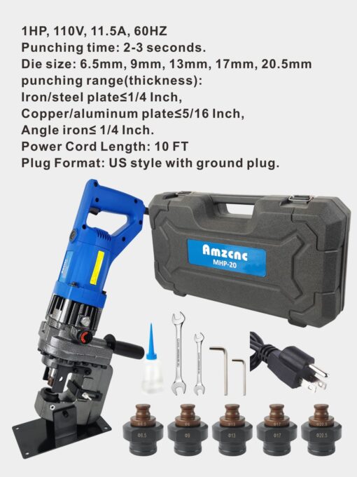 AMZCNC 110V 1200W Electric Hydraulic Hole Puncher Φ1/4"-4/5" Punching Machine Metal Hole Punch with Carbon Brush 5 Dies for Iron Copper Aluminum Plate Angle Steel - Image 2