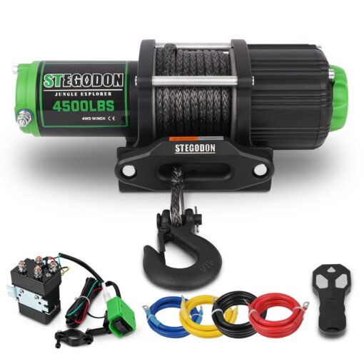 STEGODON Winch 4500 lb Winch ATV/UTV Winch 12V Waterproof Electric Winch Synthetic Rope Winch for ATV UTV Towing Trailer Winches with Wireless Remote,Wired Handle and Winch Mounting Plate