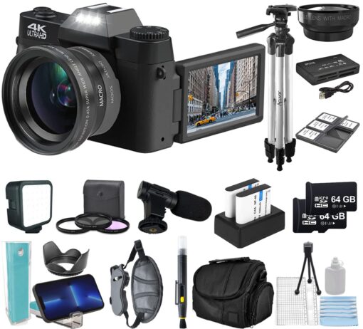 Acuvar 4K 56MP Digital Camera Kit for Photography, Vlogging for YouTube w/Flip Screen, WiFi, Wide Angle Lens, Filters, 2X 64GB Micro SD Cards, 50" Tripod, Case, Card Reader, Microphone, LED & More