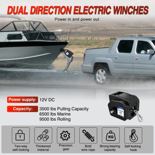 Nilight Boat Trailer Winch 3500 lbs Portable Electric Boat Winches 12 V DC Marine Winch with Remote Control and Hand Crank Power-in Freewheel Operation Waterproof Reversible Winch for Boat Trailer - Image 8