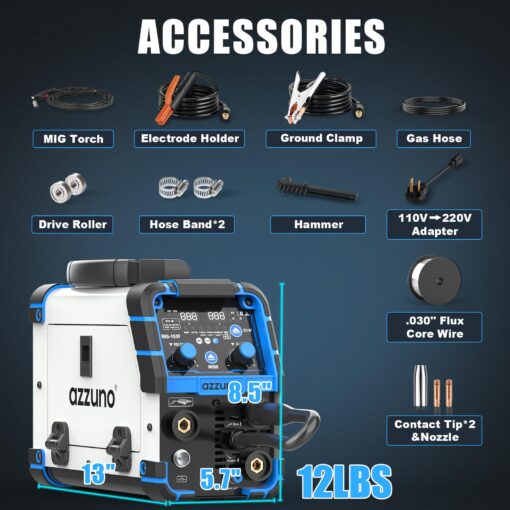 AZZUNO Aluminum MIG Welder 155Amp, Dual Vlotage 110V/220V 5-in-1 Welder Machine Gasless MIG/Gas MAG/Aluminum MIG/Stick/Lift TIG Welding, Multiprocess Welding Machine - Image 2