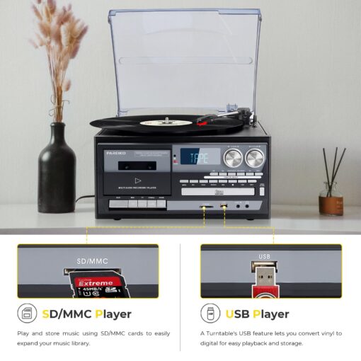Vintage Record Player 9-in-1 Turntable with Built-in Speakers, AM/FM Radio, CD & Cassette Player, Bluetooth USB/SD Playback, Remote Control, Aux & RCA Inputs, Headphone Jack for Music Fans - Image 4