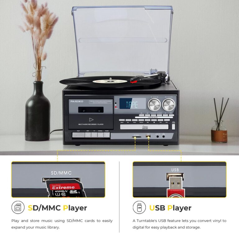 Vintage Record Player 9-in-1 Turntable with Built-in Speakers, AM/FM Radio, CD & Cassette Player, Bluetooth USB/SD Playback, Remote Control, Aux & RCA Inputs, Headphone Jack for Music Fans - Image 4
