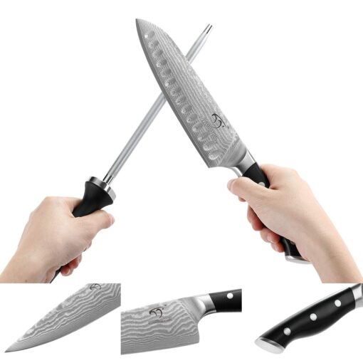 Damascus Kitchen Knife Set, 15-Piece Kitchen Knife Set with Block, ABS Ergonomic Handle for Chef Knife Set and Serrated Steak Knives Knife Sharpener and Kitchen Shears, Beechwood Block - Image 5