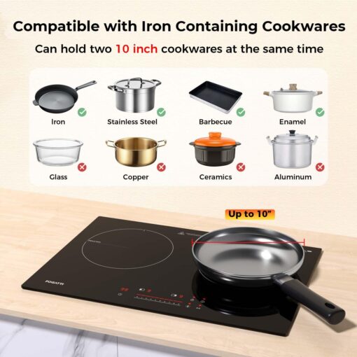 FOGATTI Double Induction Cooktop, Electric Induction Stove for RV, Built-in Countertop Burner with Touch Sensors, 9-Level Power, Pan Detection, 0-99 Min Timer, Child Lock, Shared 1800W - Image 3