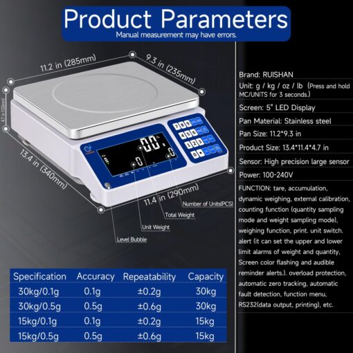 RUISHAN Lab Industrial Counting Scales 30kg/0.5g | 66lb/0.0011lb Accuracy Electronic Digital Gram Weighing Scale for Parts and Coins with Rs232 for Computer Or Printer | with Alarm - Image 5