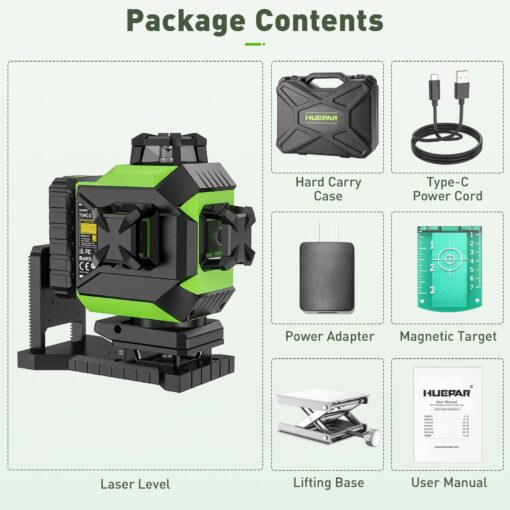Huepar 4x360 Laser Level Self-leveling 4D Green Beam Cross Line 16 Lines Tiling Floor Laser Tool -2x360 Horizontal/Vertical Laser Lines -rechargeable Li-ion Battery & Integrated Magnetic Bracket 704CG - Image 2