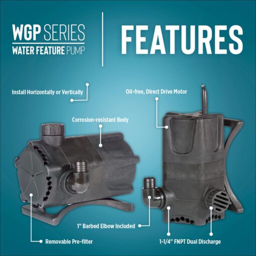Little Giant WGP-65-PW 115 Volt, 1900 GPH Dual Discharge Direct Drive Submersible Waterfall and Pond Pump, Black, 566409 - Image 7