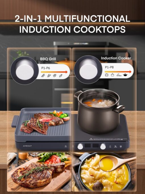 Double Induction Cooktops, Induction Cooktop 2 Burners with Removable Iron Cast Griddle Pan Non-stick, Sensor Touch 8 Power Levels, Independent Temperature Control - Image 9