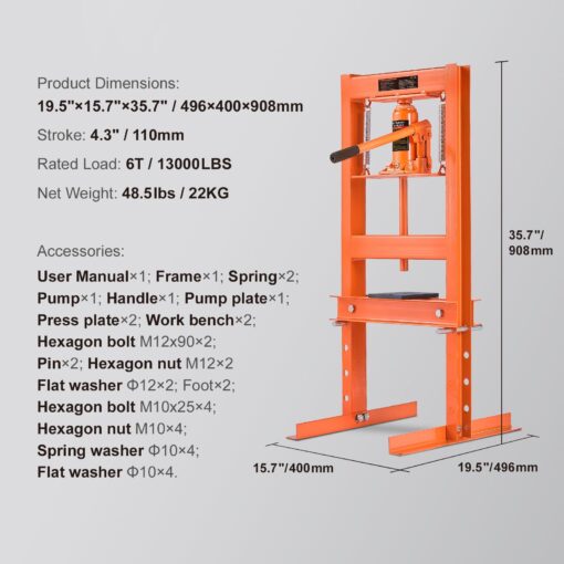 Happybuy Hydraulic Workshop Press, 6 Ton Capacity, H-Frame Design, Floor Model with Adjustable Plates, Durable for Garage and Workshop Use - Image 4