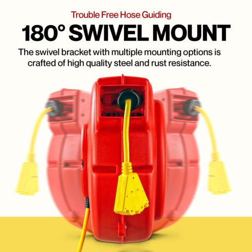 ReelWorks Extension Cord Reel Retractable 12AWG x 65' Foot 3C/SJT Heavy Duty Commercial Cable Triple Tap Connector Power 15A 125VAC 1875W - Image 2