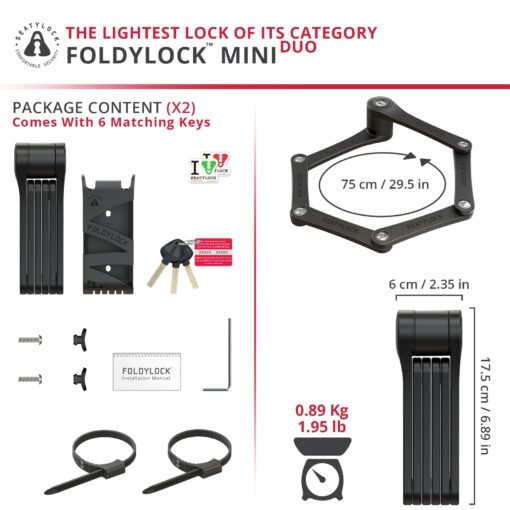 Seatylock FoldyLock Mini Folding Bike Lock Set - Patented Lightweight Bicycle Lock - Heavy Duty Anti Theft Guard for Electric Scooter & City Bikes - 2 Bike Locks with 6 Identical Keys - 29.5" - Image 2