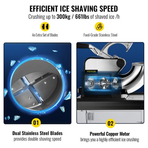VEVOR 110V Commercial Ice Crusher 661LBS/H, ETL Approved 300W Electric Snow Cone Machine with Dual Blades, Stainless Steel Shaved Ice Machine with Safety On/Off Switch for Family, Restaurants, Bars - Image 7