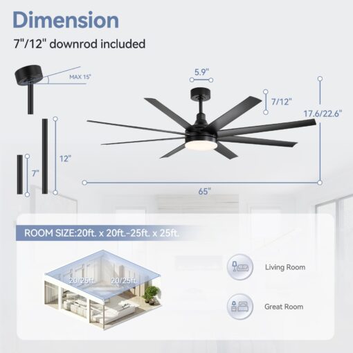 65 Inch Ceiling Fan with Light and Remote, 8-Blade, Reversible DC Motor, 6-Speed, Timer, Industrial Ceiling Fans with Led Light Chandelier for Bedroom Office (Black) - Image 4