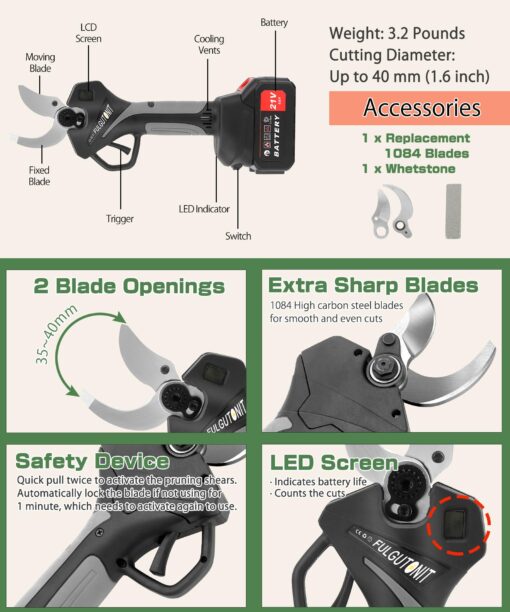 Fulgutonit Electric Pruner Kit, 40 mm(1.6 in) Pruning Shears & 6 inches Mini Chainsaw, with Max 7 ft Extension Pole, 2 Pcs 4 Ah Batteries for Longer Pruning, Extra 1084 Replacement Blades & Saw Chain - Image 4