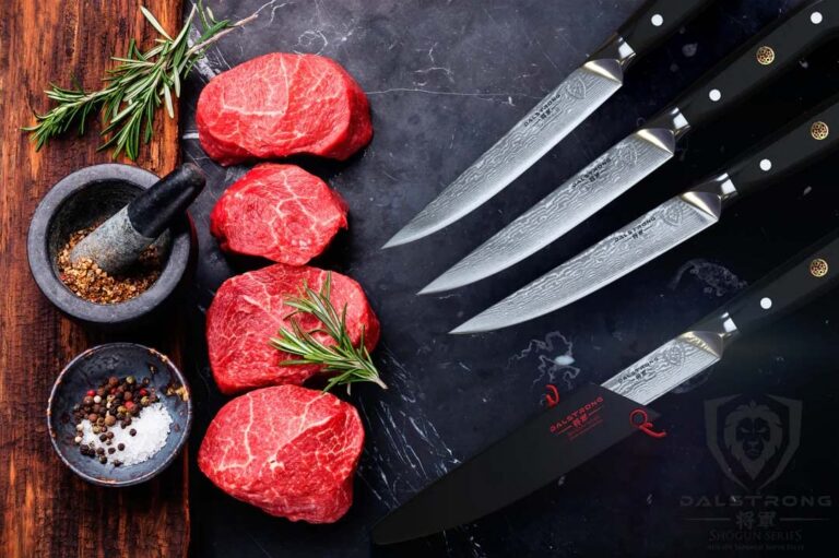 Dalstrong Steak Knives Set -5"-Shogun Series ELITE-Damascus-Japanese AUS-10V Super Steel - 4pc-Razor Sharp Fillet Knives-Table Set-Razor Sharp Kitchen Knife Set-w/Sheaths - Image 3