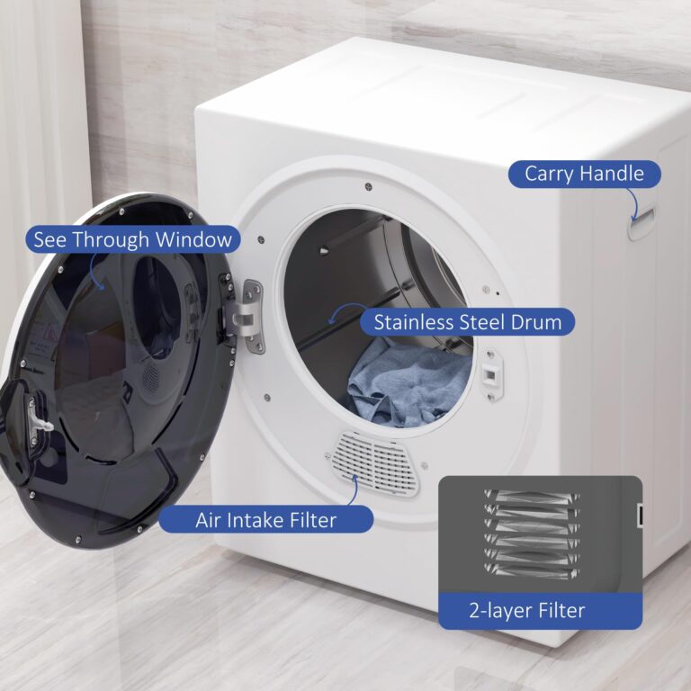 HOMCOM Portable Clothes Dryer, 120V 850W Compact Laundry Dryer with 1.5 cu.ft Stainless Steel Tub and 4 Drying Modes, 9 lbs Front Load Electric Dryer for Apartments Dorms RVs, White - Image 7