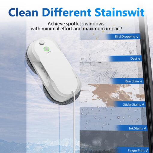 Tosima W5 Window Cleaning Robot, Dual Direction Auto-Spray Smart Window Cleaner with Triple Safety System, Smart Navigation, Remote Control, for All Smooth Surfaces, with 8 Rags, White - Image 3