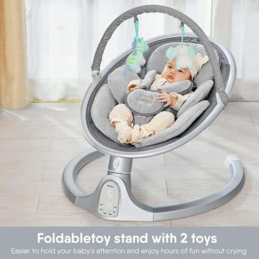 BabyBond Baby Swings for Infants, Bluetooth Infant Swing with 10 Preset Songs, 5 Point Harness Belt, 5 Speeds and Remote Control - Portable Baby Swing for Indoor and Outdoor, Aluminum - Image 4