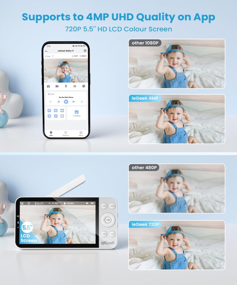ieGeek 5.5’’ Split-Screen Baby Monitor,2.5K UHD Baby Monitor with 2 Cameras and Audio,Night Light,Prone Sleeping&Cry Detection,Two-Way Talk,Night Vision,2.4G&5Ghz WiFi App Control,4000mAh Battery - Image 7