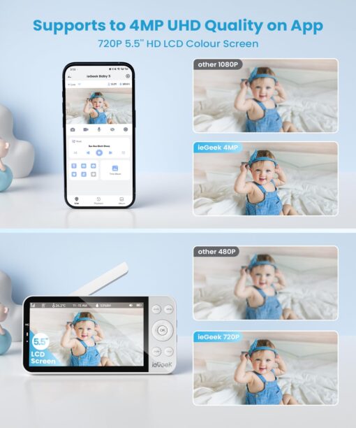 ieGeek 5.5’’ Split-Screen Baby Monitor,2.5K UHD Baby Monitor with 2 Cameras and Audio,Night Light,Prone Sleeping&Cry Detection,Two-Way Talk,Night Vision,2.4G&5Ghz WiFi App Control,4000mAh Battery - Image 7