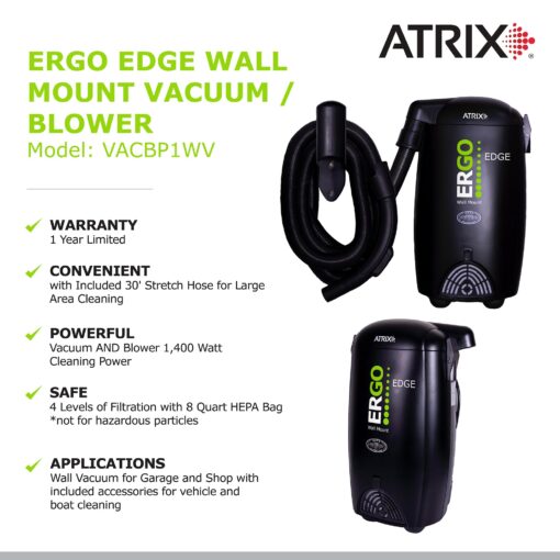 Atrix Ergo Edge Canister Shop Vac - Wall Mounted Garage Vacuum Cleaner with Built-in Dust Bag & Extendable Hose - Compact Black Design 20x9x12 - Image 4