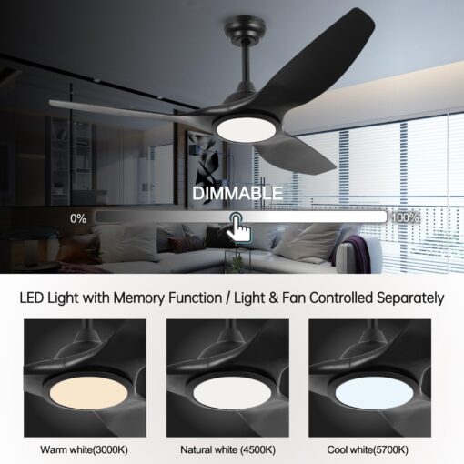 Fanliving 52 Inch 6 Speed High CFM Quiet DC Motor Modern Ceiling Fan with Lights Remote Control, Indoor 3 Blade Black Ceiling Fan for Bedroom Living Room - Image 3