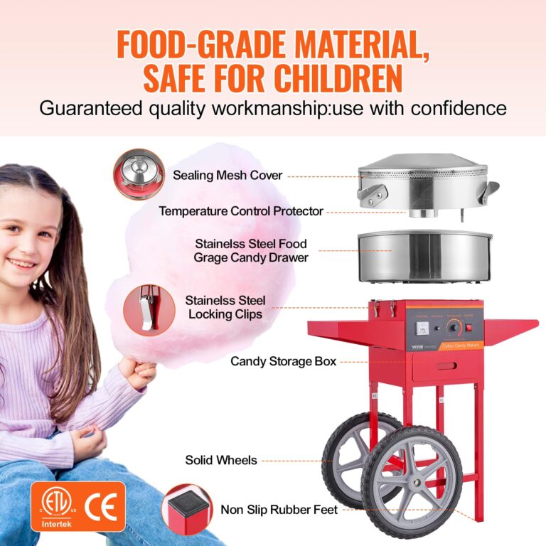 VEVOR Electric Cotton Candy Machine with Cart, 1000W Commercial Candy Floss Maker with Stainless Steel Bowl, Sugar Scoop and Drawer, Perfect for Home, Kids Birthday, Family Party, Red - Image 7