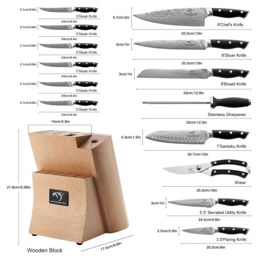 Damascus Kitchen Knife Set, 15-Piece Kitchen Knife Set with Block, ABS Ergonomic Handle for Chef Knife Set and Serrated Steak Knives Knife Sharpener and Kitchen Shears, Beechwood Block - Image 6