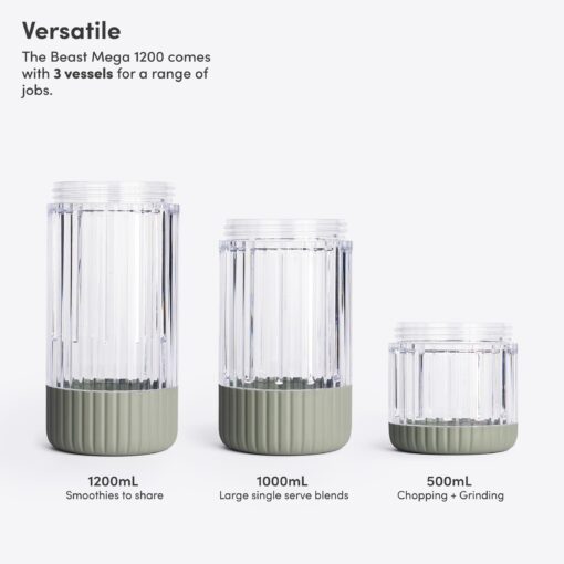 Beast Mega 1200 | Premium Countertop Blender | Smoothies, Shakes, Sauces, Dips, Soups | Blends Ice and Frozen Fruit | XL Vessel | Extra Vessels, Straw System Included | 1200W | (Sage, 120V) - Image 4