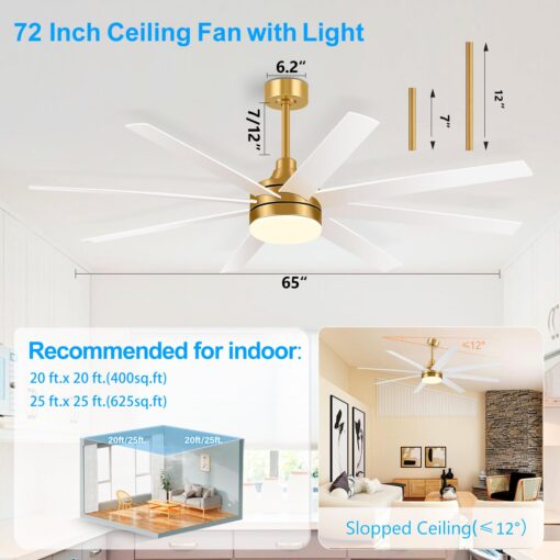 Breezary 65 Inch Ceiling Fan with Light and Remote, 8-Blade, Reversible DC Motor, 6-Speed, Timer, Industrial Ceiling Fans with Led Light Chandelier for Bedroom Office (Gold & White) - Image 5