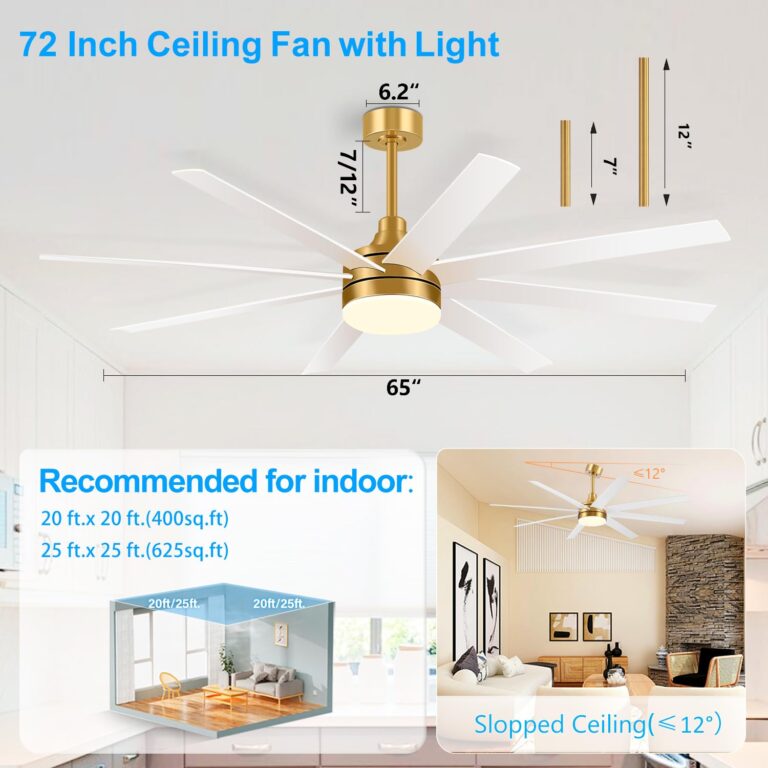 Breezary 65 Inch Ceiling Fan with Light and Remote, 8-Blade, Reversible DC Motor, 6-Speed, Timer, Industrial Ceiling Fans with Led Light Chandelier for Bedroom Office (Gold & White) - Image 5