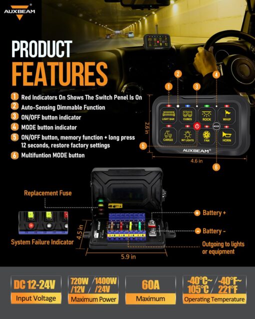 Auxbeam RGB Bluetooth 8 Gang Switch Panel AR-820 Toggle Momentary Pulsed Switch Pod for Truck UTV Offroad Boat Auxiliary LED Light Controller with Circuit Relay System Box Waterproof, 2-Year Warranty - Image 3