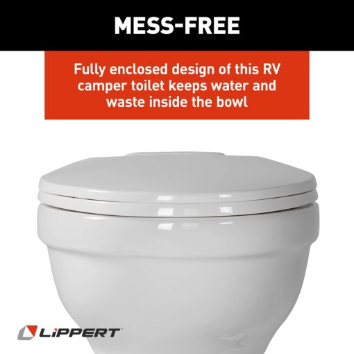 Lippert Flow Max RV Toilet with Elongated Ceramic Bowl, 18" Standard Profile, Full-Size Residential Seat, Easy-Close Lid, Efficient Flush - 2022113192 - Image 2