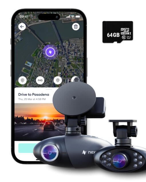 Nexar Pro Dual Dash Cam - 1 Year Nexar App Subscription Included - Unlimited Cloud Storage, Drive Recordings, Parking Mode, Night Vision, All Inside The Nexar App - WiFi HD Front Dash Cam (64 GB SD)