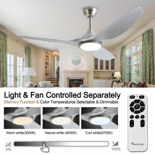 Fanliving 52 Inch Quiet DC Motor Ceiling Fan with Light Remote Control, Indoor 3 Blade Silver Modern Ceiling Fan for Bedroom Living Room Porch - Image 7