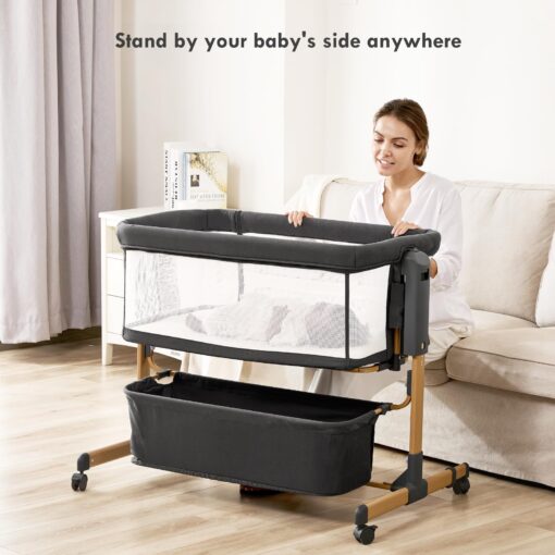 Baby Bassinet with Wheels, Bedside Bassinets for Baby, 3 in 1 Rocking Bassinet Bedside Sleeper Mesh & Mattress, Height Adjustable Bed Side Bassinet, Cosleeping Bedside Crib (Black) - Image 4