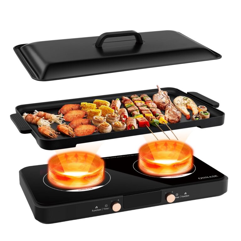 ONNASE Double Induction Cooktop, 1800W Electric Stove Top Burner with Removable Non-Stick Griddle Pan, 2 Induction Burners, 11 Temperature & Power Levels, 3-Hour Timer, Black