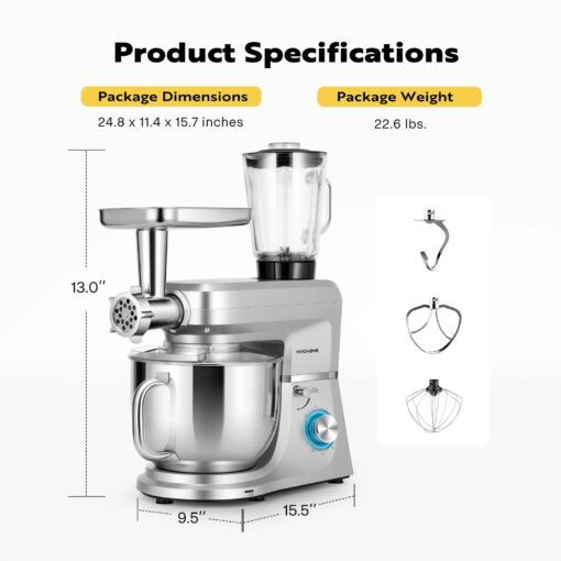 VIVOHOME 6 in 1 Multifunctional Stand Mixer with 8.5 Quart Stainless Steel Bowl, 660W 10 Speed Tilt-Head Meat Grinder, Juice Blender, Vegetable Slicer, Pasta and Cookie Maker, Silver - Image 2