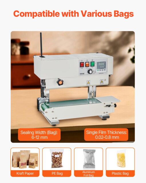 VEVOR Continuous Bag Band Sealing Machine, 0.24-0.47 in/6-12 mm Seal Width, Band Sealer Machine with Digital Temperature Control, Carbon Steel Bag Sealer for 0.02-0.8 mm Plastic Bags Films - Image 8