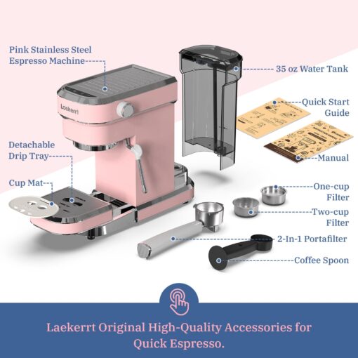 Laekerrt Professional Espresso Machine 20 Bar, Espresso Maker with Milk Frother Steam Wand, Stainless Steel Home Coffee Machines for Cappuccino and Latte, Gift for Women Wife Daughter or Mom, Pink - Image 3